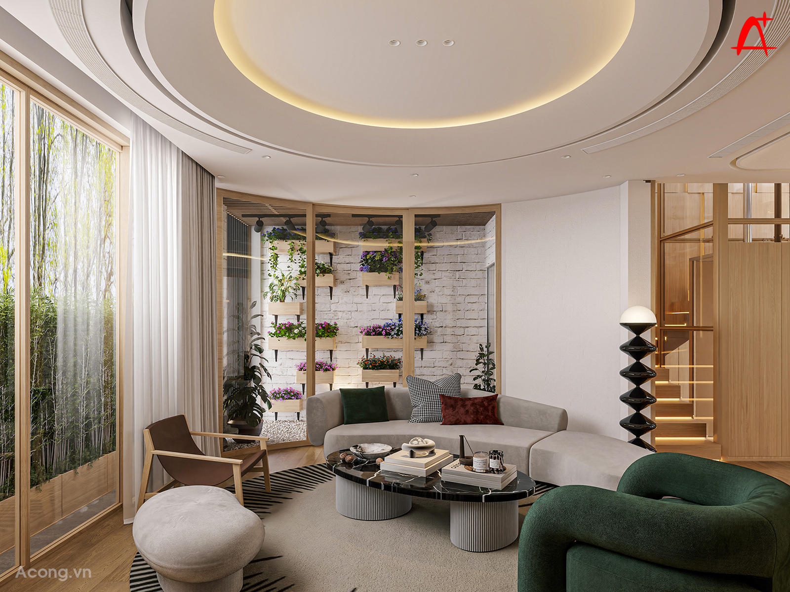 Khu vực thư giãn nhỏ, bố trí ghế ngồi và ánh sáng nhẹ, phù hợp đọc sách hoặc nghỉ ngơi.